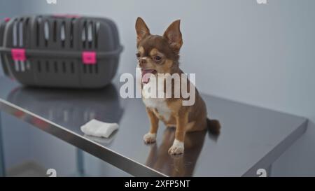 Un simpatico chihuahua con la lingua fuori è seduto su un tavolo di metallo in una clinica veterinaria con un portapacchi sullo sfondo. Foto Stock