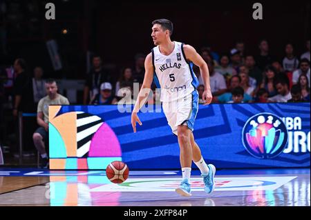 5 Giannoulis Larentzakis della Grecia sta giocando durante il Torneo di qualificazione olimpica FIBA 2024, partita tra Egitto e Grecia al Peace &amp; Friendship Stadium il 4 luglio 2024, nel Pireo, Grecia. Foto Stock