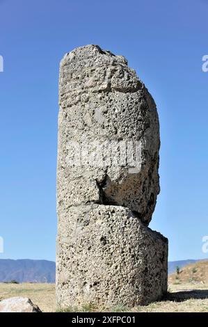 Sito Patrimonio dell'Umanità dell'UNESCO Monte Alban, Oaxaca, Messico, America centrale, grande colonna di pietra in un ambiente naturale sotto un cielo limpido, storicamente Foto Stock