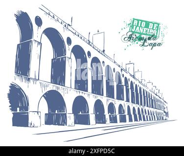 Illustrazione vettoriale in tratti disegnati a mano del paesaggio urbano di Lapa, nella città di Rio de Janeiro, Brasile, in tempi attuali. Illustrazione Vettoriale