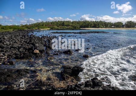 Piccole onde circondano rocce laviche con acqua in riva al mare. Costa di un'isola nell'Oceano Indiano. Alba al mattino, bella luce calda accesa Foto Stock