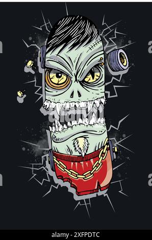 Illustrazione vettoriale colorata della rappresentazione grafica di uno skateboard rotto con un volto mostro in stile cartoni animati. Illustrazione Vettoriale