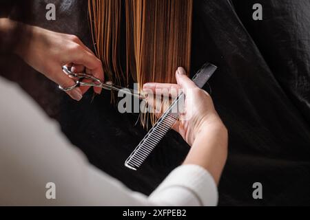 il parrucchiere fa un taglio di capelli a una donna nel salone. Il parrucchiere taglia i capelli bagnati pettinandoli con un pettine. cliente con capelli corti. vista posteriore Foto Stock
