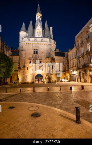 Vista notturna di porte Cailhau o porte du Palais. L'ex porta della città di Bordeaux in Francia. Una delle principali attrazioni turistiche di Foto Stock