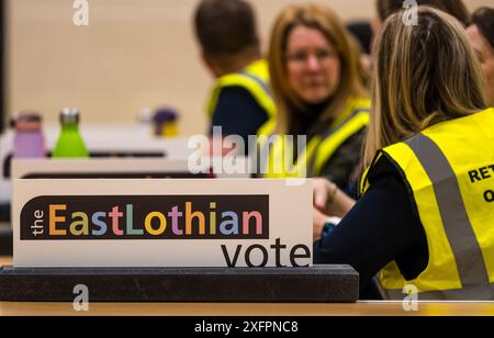 East Lothian, Scozia, Regno Unito, 4 luglio 2024. Conteggio delle elezioni generali: Il conteggio si svolge per selezionare il nuovo deputato per il collegio di Lothian East. Douglas Alexander, ex ministro del governo sotto Blair e Brown, è ampiamente convinto che abbia successo dopo un'assenza di 10 anni dalla politica britannica. Gli altri candidati includono Lyn Jardine (SNP, Scott Hamilton (con), Robert Davies (Reform UK), George Yerevan (Alba) e Shona Macintosh (Green). Nella foto: Il conteggio inizia. Crediti: Sally Anderson/Alamy Live News Foto Stock