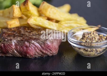 Bistecca con patatine fritte sull'ardesia Foto Stock