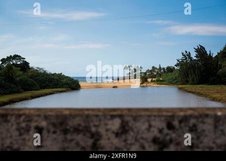 Una vista di Waimea Beach dall'autostrada, Oahu, Hawaii, Stati Uniti Foto Stock