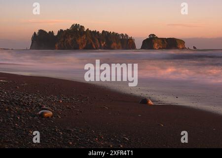 Tramonto a Rialto Beach nell'Olympic National Park di Washington. Onde sfocate in movimento su una spiaggia rocciosa con fondali marini sullo sfondo. Foto Stock