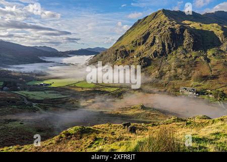 Nebbia di prima mattina nella valle di Gwynant guardando a sud-ovest, Snowdonia National Park, Galles del Nord, Regno Unito, novembre 2017. Foto Stock