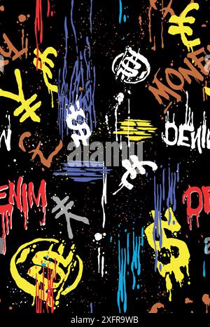 Illustrazione vettoriale colorata di un motivo con tratti irregolari di pennello e schizzi di vernice, con motivi che raffigurano denaro. Illustrazione Vettoriale