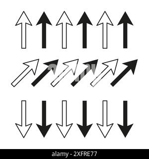 Set di icone freccia. Raccolta vettoriale nera. Progettazione di simboli direzionali. Semplici elementi di navigazione. Illustrazione Vettoriale