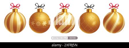 Design vettoriale oro delle palle di Natale. Palline natalizie in oro con motivi decorativi a righe, glitter, luccicanti e motivo per le feste natalizie Illustrazione Vettoriale