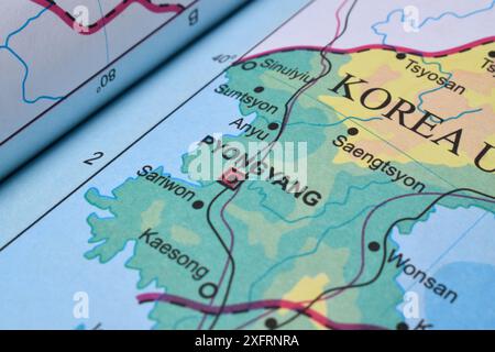 Pyongyang, la Corea del Nord della Mappa del mondo. Primo piano e messa a fuoco selettiva. Concetto di viaggio Foto Stock