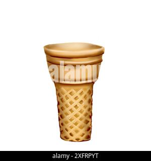Cono per waffle per gelato. Vuoto . Colore beige con motivo quadrato. forma conica troncata. Classico. Illustrazione acquerello. Foto Stock