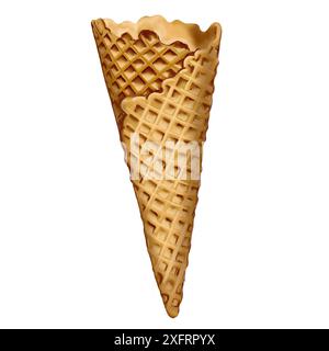 Cono per waffle per gelato. Vuoto . Colore beige con motivo quadrato. A forma di cono. Classico. Illustrazione acquerello. Foto Stock