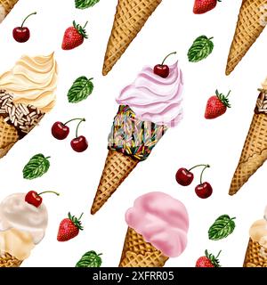 modello con un grande design di gelato di colori diversi in coni diversi. Con cioccolato e spruzzi. Foglie di menta e ciliegia. Foto Stock