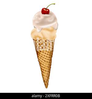 Cono per waffle con due cucchiai di gelato. Uno è bianco, l'altro è giallo. Ciliegia rossa in cima. illustrazione acquerello. Foto Stock