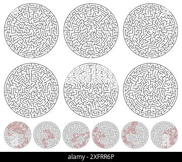 Raccolta di giochi labirinti circolari astratti con soluzione per cnc. taglio laser o kdp Illustrazione Vettoriale