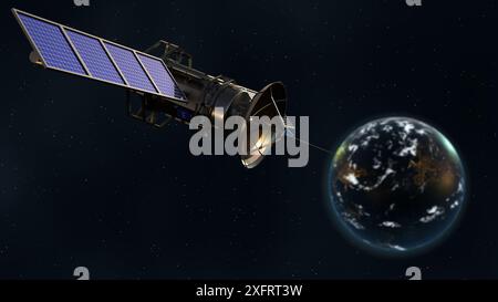 Un modello 3D di un satellite blu in orbita intorno alla Terra. Il satellite ha pannelli solari e un'antenna. Foto Stock