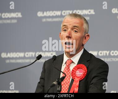 Elezioni generali del 2024. Glasgow count, Emirates Arena Glasgow 5 luglio 2024. John Grady del Labour vince Glasgow East dal SNP. Crediti: ALAN OLIVER/Alamy Live News Foto Stock