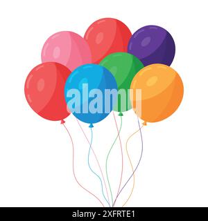 Illustrazione di un gruppo di palloncini a vettore piatto, pallone volante con corda per compleanno, feste, matrimoni Illustrazione Vettoriale