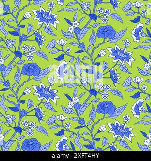 Motivo senza cuciture con motivi chinoiserie blu monocromatici disegnati a mano Illustrazione Vettoriale