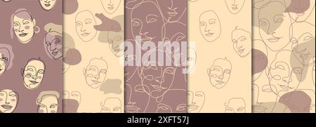 Set di ripetizioni senza giunture con disegni di facce femminili a linea continua Illustrazione Vettoriale