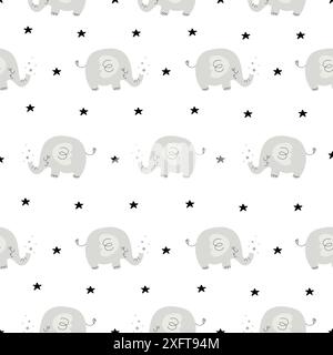 Modello Bohemian Baby con Elefante. Asili nido neutri di genere carini ornamenti. Illustrazione vettoriale in stile cartone animato piatto. Stampa boho per bambini Illustrazione Vettoriale