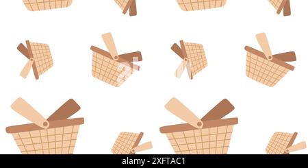 Cestello in vimini motivo senza cuciture vettoriale, scatola da picnic vuota disegnata a mano isolata su sfondo bianco. Illustrazione Flat Cartoon per modello poster, Illustrazione Vettoriale