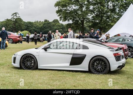 Tarporley, Cheshire, Inghilterra, 29 giugno 2024. Una Audi R8 bianca viene visualizzata in occasione di un incontro con la vettura. Foto Stock