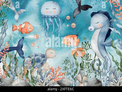 Immagine di animali subacquei. Simpatico fascio sottomarino con balene, cavallucci marini, meduse, tartarughe, pesci pagliaccio, conchiglie, alghe, coralli e bolle. Disegnato a mano Foto Stock