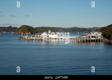 Vista panoramica del molo di Paihia, della Baia delle Isole, della nuova Zelanda Foto Stock