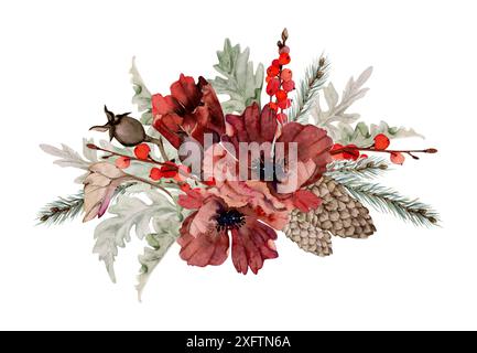 Fiore di anemone papavero, rami di abete rosso coni, bacche. Illustrazione disegnata a mano ad acquerello, composizione isolata su bianco. Natale, felice anno nuovo Foto Stock