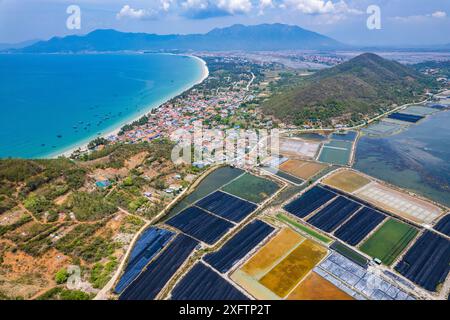 Vista aerea dei campi di sale di Hon Khoi, a Khanh Hoa, Vietnam Foto Stock