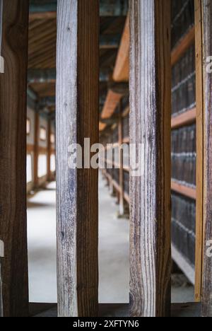 Corridoio in legno che ospita Tripitaka Koreana, Tempio di Haeinsa, Corea Foto Stock