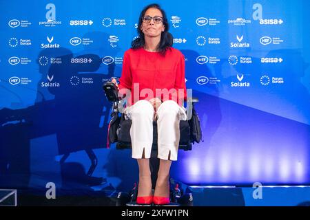 Teresa Perales, atleta con 27 medaglie paralimpiche e 2021 Princess of Asturias Sports Award parla durante una colazione informativa a Madrid. Questa mattina si è svolta al Mandarin Oriental Ritz Hotel di Madrid la presentazione della squadra spagnola paralimpica per i Giochi di Parigi 2024. Ha partecipato Miguel Carballeda, presidente del Comitato Paralimpico spagnolo e presidente di ONCE, Teresa Perales. Atleta con 27 medaglie paralimpiche e Principessa delle Asturie Sports Award 2021 e Pilar Alegría, ministro dell'istruzione, della formazione professionale e dello sport e portavoce del governo spagnolo. Foto Stock