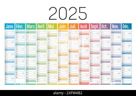 Calendario da parete colorato anno 2025 su sfondo bianco, lingua francese, modello vettoriale Francia Illustrazione Vettoriale