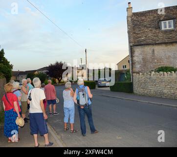 Persone che guardano i furti (Apus apu) volare intorno a un vecchio cottage in cui stanno nidificando durante una passeggiata rapida organizzata dal gruppo locale di Swift, Bradford-on-Avon, Wiltshire, Regno Unito, giugno. Modello rilasciato. Foto Stock