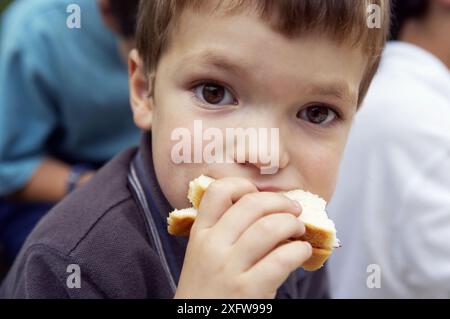 5 anno vecchio ragazzo di mangiare un panino Foto Stock