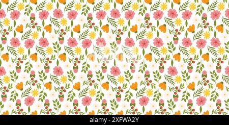Disposizione senza cuciture con elementi floreali. Tessuto o carta da parati di ispirazione botanica con fiori gialli e arancioni, bacche rosse, foglie e fiori di ciliegio. Illustrazione Vettoriale