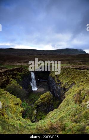Hull Pot, Horton a Ribblesdale, Yorkshire, Inghilterra, Regno Unito, gennaio. Hull Pot è una grotta collassata in pietra calcarea dell'età carbonifera. In condizioni di umidità, un flusso fluisce nel vaso e continua il suo viaggio in un sistema di grotte sotterranee. Foto Stock