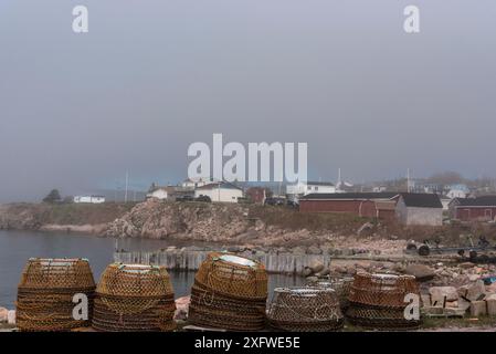 Lobster Pots in Neil's Harbour, Cape Breton, nuova Scozia, Canada, maggio 2017 Foto Stock