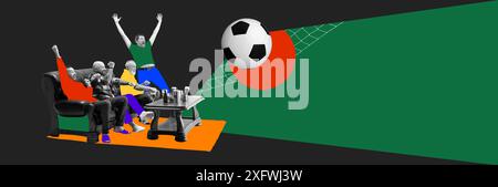 Uomo emozionale, amici seduti sul divano di casa, bevendo birra e guardando emotivamente la partita di calcio, sfondo scuro con elementi astratti Foto Stock