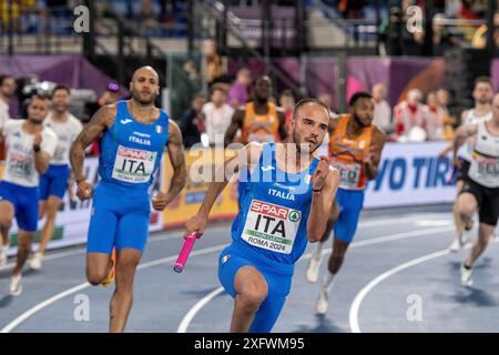 Lorenzo patta, medaglia d'oro a relè da uomo 4 x 100 m (M. Melluzzo, M. Jacobs, L. patta, F.. Tortu), European Athletics Champioships Roma 2024, Roma, Italia Foto Stock