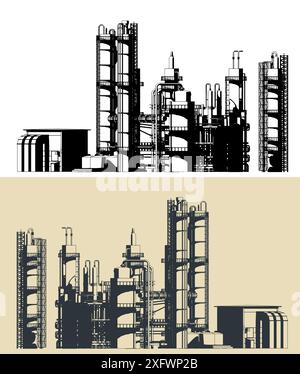 Illustrazioni vettoriali stilizzate di un impianto di raffineria Illustrazione Vettoriale