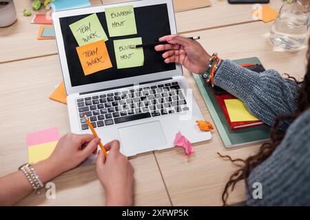 Parte di donne d'affari che progettano con laptop e appunti in ufficio Foto Stock