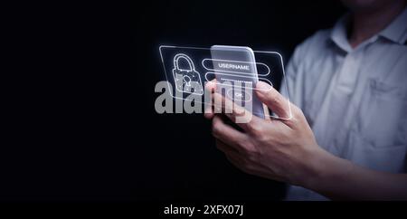 Nome utente e password per la sicurezza informatica. Un uomo utilizza un codice di accesso sul telefono per proteggere e concedere l'accesso ai propri dati personali e alla sicurezza informatica. Sicuro Foto Stock