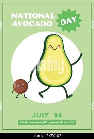 Festa nazionale dell'avocado. Luglio 31. Biglietto d'auguri per le festività annuali dell'avocado. Avocado con semi di bambino. Illustrazione vettoriale Illustrazione Vettoriale