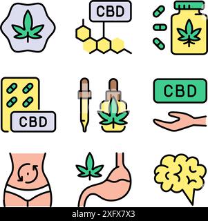 Apri la mano con il set di icone colorate a foglia di marijuana. Collezione di icone piatte di cannabidiolo. Legalizzazione della cannabis. Simboli semplici. Disegno isolato vettoriale Illustrazione Vettoriale