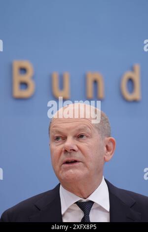 OLAF Scholz, Bundeskanzler, SPD, PK zu - Bundeshaushalt 2025, DEU, Berlino, 05.07.2024 *** Olaf Scholz, Cancelliere federale, SPD, conferenza stampa sul bilancio federale 2025, DEU, Berlino, 05 07 2024 Foto Stock